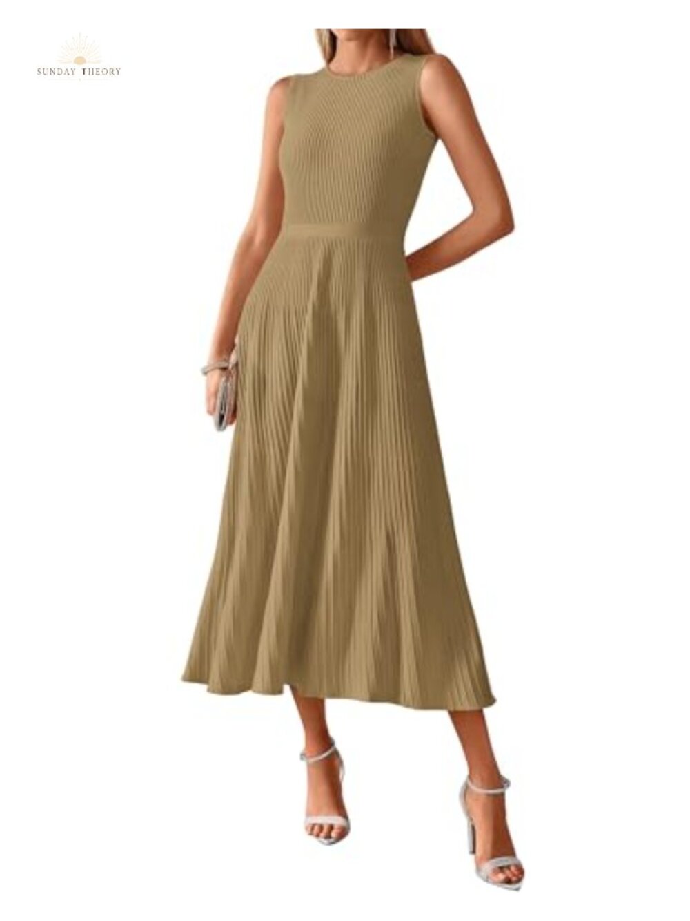 Women's Midi Bodycon Tank Dress Sleeveless Rib Knit A-Line Pleated